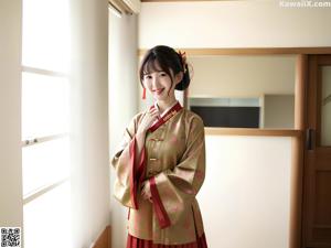 A woman in a yellow kimono posing for the camera.