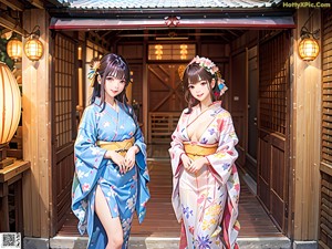 A woman in a kimono sitting on a wooden bench.