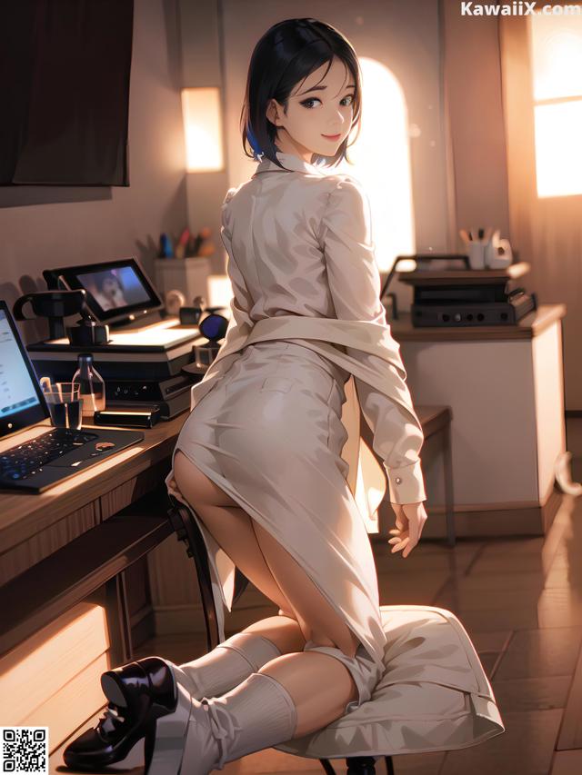 A woman sitting on a chair in front of a laptop computer.