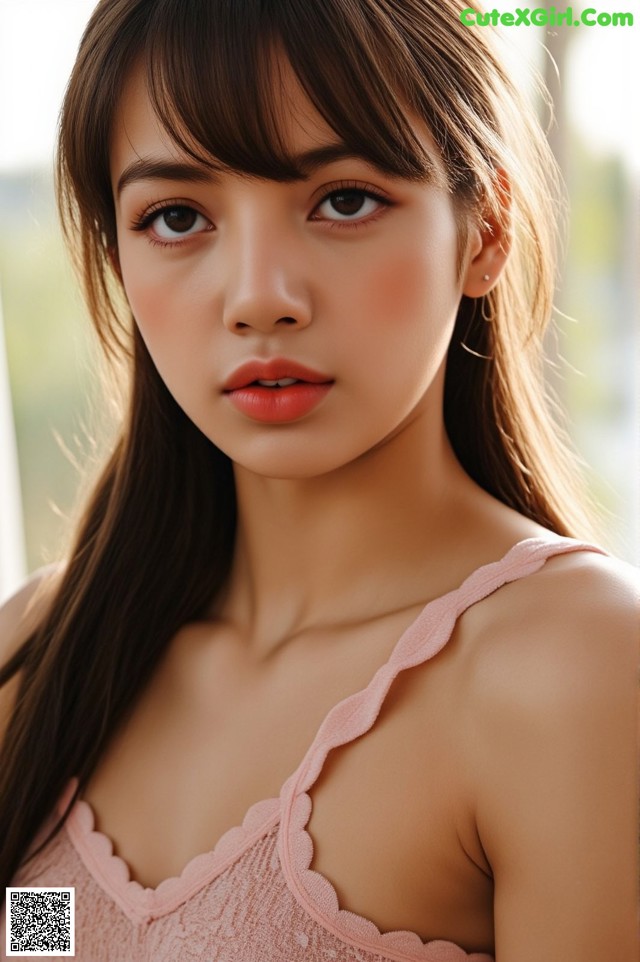 A woman with long brown hair wearing a pink top.