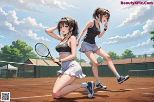 A woman holding a tennis racquet on a tennis court.