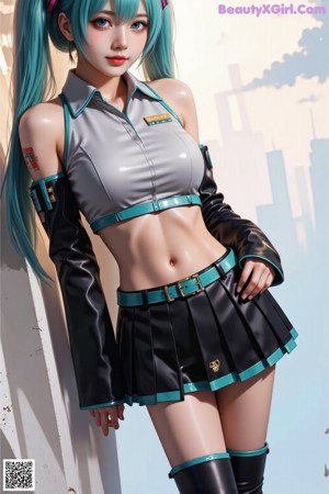 A woman with blue hair and a tie leaning against a window.