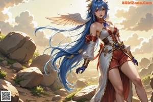 Anime girl with blue hair and angel wings posing naked.