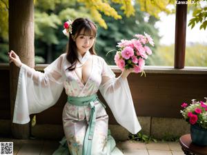 A woman in a green kimono sitting on a bed.