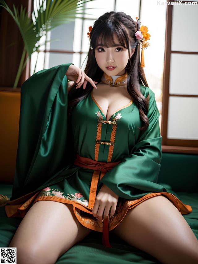 A woman in a green and orange dress sitting on a green couch.