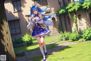 A woman with long blue hair wearing a white dress and thigh high boots.