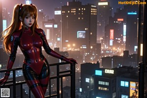 A woman in a red latex outfit standing in front of a city.