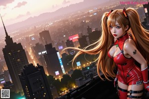 A woman in a red and black outfit standing in front of a city.