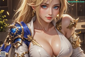 A woman in a blue and gold outfit holding a sword.