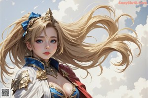 A woman in a blue and gold outfit holding a sword.
