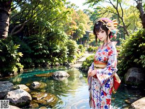 A woman in a blue kimono posing for a picture.