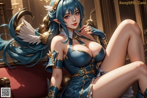 A woman in a white and blue outfit sitting on a table.