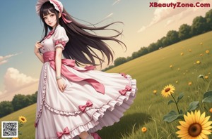 A woman in a pink dress and a white hat.