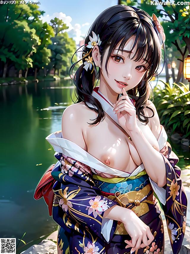 A woman in a kimono sitting on a rock by a lake.