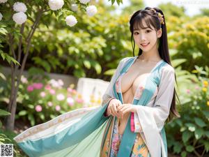 A woman in a kimono standing on a beach next to the ocean.