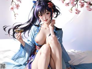 A woman in a blue kimono sitting on a bed holding a cell phone.