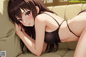 A naked woman sitting on top of a bed.
