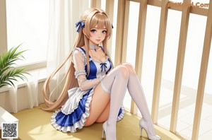 a woman in a blue and white dress sitting on a couch