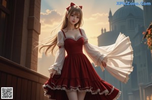 A woman in a red and white dress sitting on a bench.