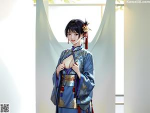 A woman in a kimono standing in front of a window.