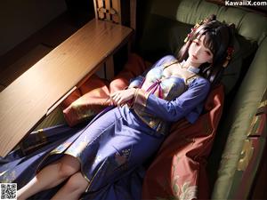 A woman in a green kimono sitting on a bed.