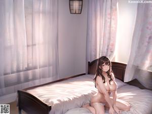 A woman in a white lingerie laying on a bed.