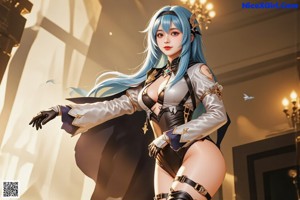 A woman with blue hair wearing a white bikini and a blue scarf.