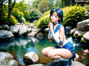 A woman in a sailor outfit sitting on a couch.