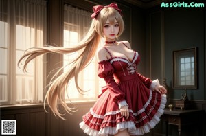 a woman in a red and white dress leaning against a window
