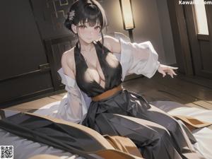 A woman in a kimono sitting on a bed.