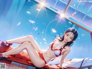 Anime girl in latex sitting on a table with her hands on her breasts.