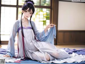 A woman in a pink kimono sitting on a bed.