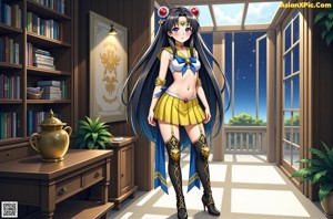 A woman in a blue and gold outfit standing in front of a door.