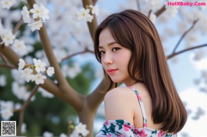 A woman in a blue floral dress posing for a picture.