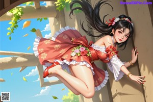 A woman in a red and white dress with long black hair.