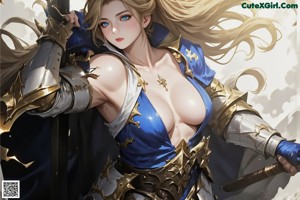 A woman with long blonde hair wearing a blue and white outfit.