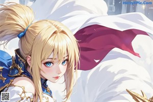 A woman with long blonde hair wearing a white and blue outfit.