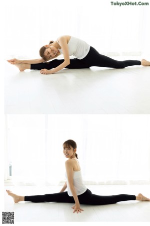 A woman in a white tank top and black leggings.