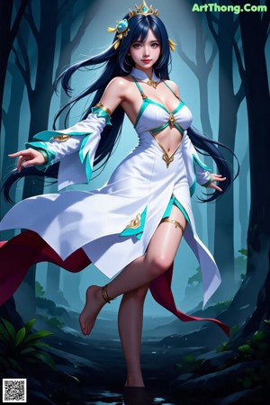 A woman in a white and blue outfit with a crown on her head.
