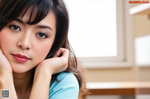 A woman in a white top leaning against a window.