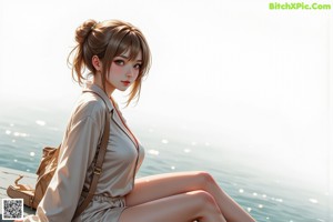 A woman sitting on a couch wearing a yellow dress.