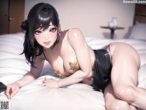 A woman in a white lingerie sitting on a bed.