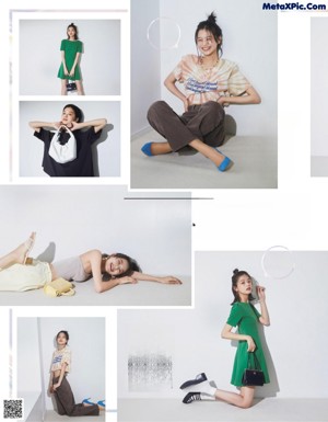 A magazine spread with a woman in a blue shirt and a purple skirt.