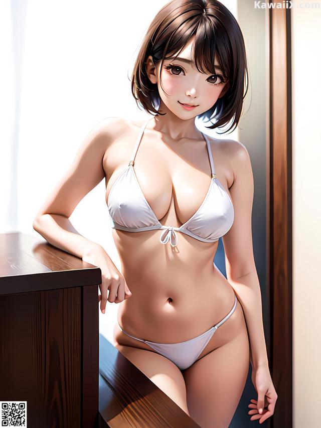 A woman in a white bikini sitting on a table.