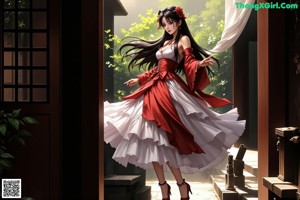 A woman in a red and white dress with flowers in her hair.