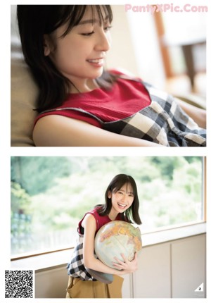 A woman sitting on a window sill smiling at the camera.