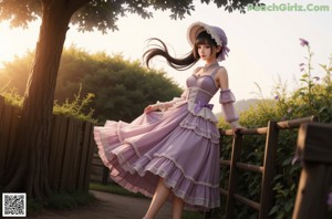 A girl in a white dress and hat standing in front of a lake.