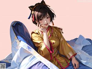 A woman in a white and gold kimono sitting on a chair.