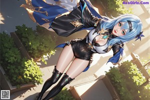 A woman with blue hair wearing a white and black outfit.