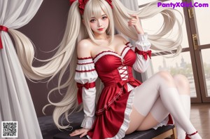 A woman in a red and white dress posing on a couch.